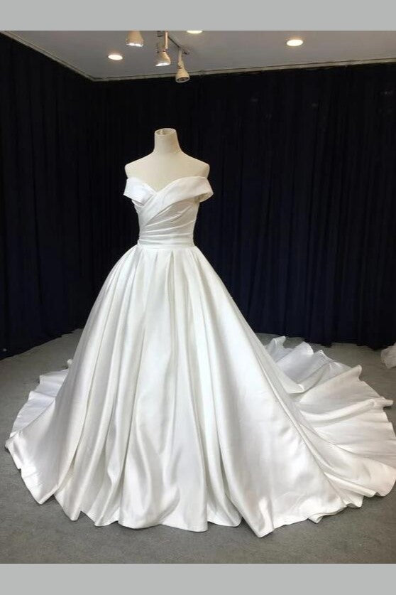 Off-the-shoulder Satin Wedding Gown with Royal Train
