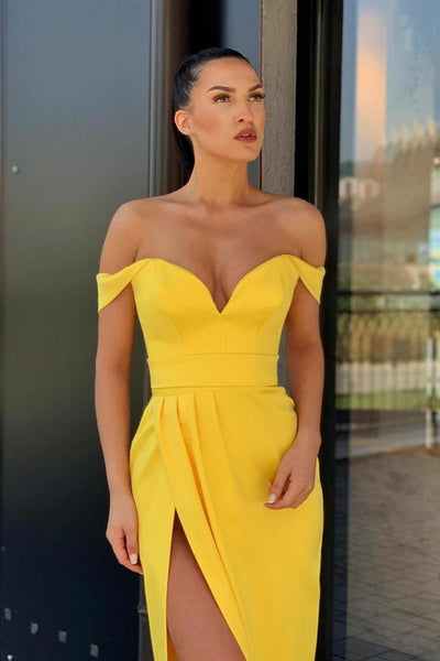 Off-the-shoulder Satin Yellow Prom Dresses with Leg Slit