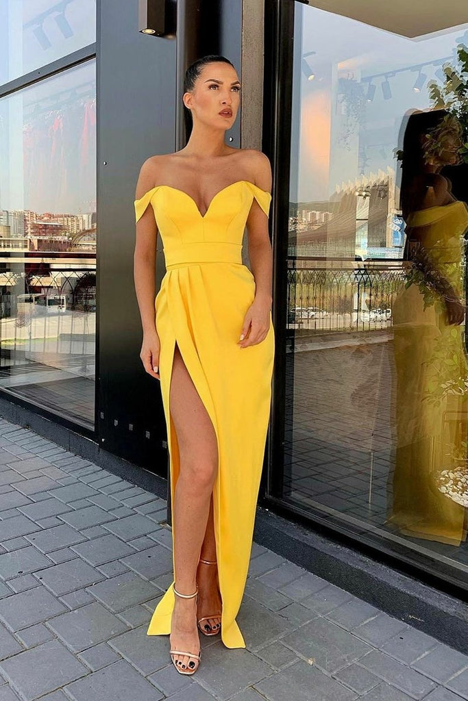 Off-the-shoulder Satin Yellow Prom Dresses with Leg Slit