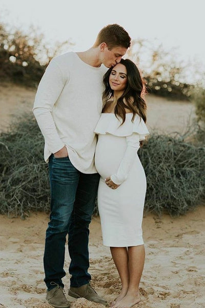 Off the shoulder Short Maternity Dress Gown with Flounced Long Sleeves loveangeldress