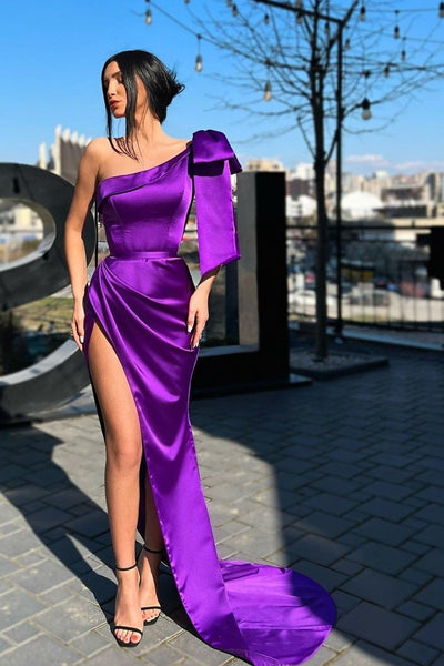 One-shoulder Purple Prom Dress with Ribbon Bow – loveangeldress