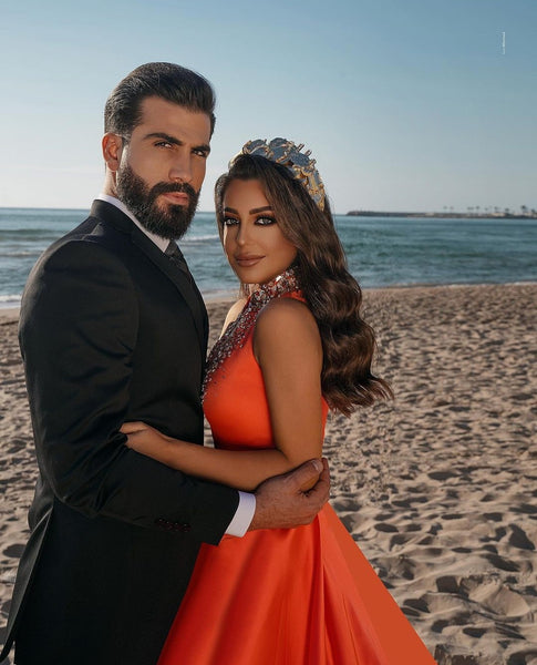 Orange Long Prom Dresses with Rhinestones High Neck