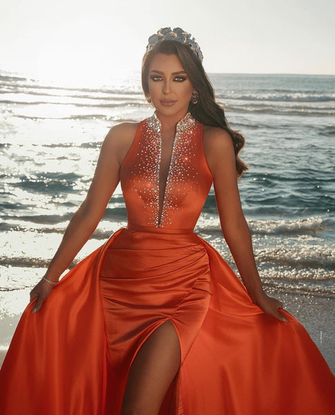Orange Long Prom Dresses with Rhinestones High Neck