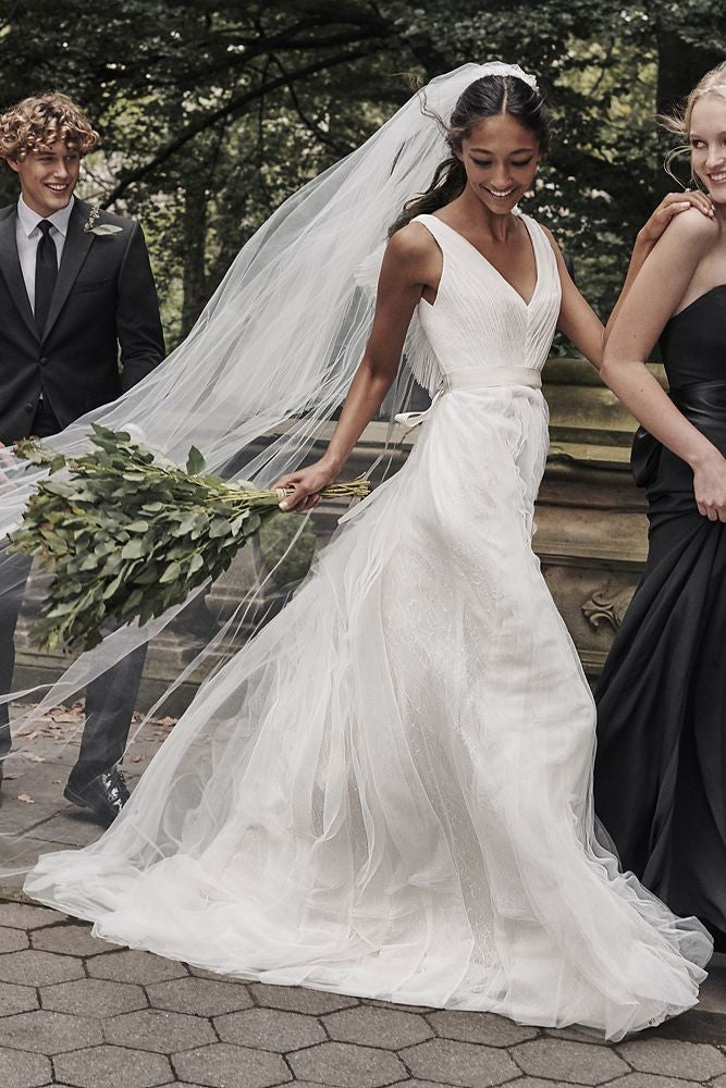 Pleat V-neckline White Boho Wedding Dress Lace Tulle Skirt