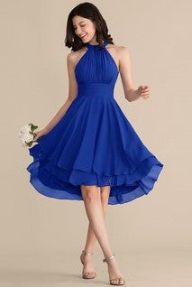 Pleated Chiffon Halter Royal Blue Wedding Party Dress Short
