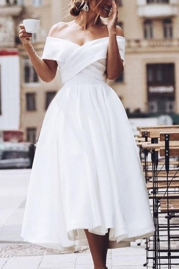 Pleated Off-the-shoulder White Prom Dress Tea-Length