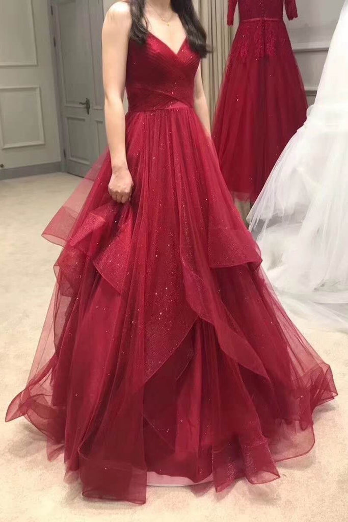 Pleated V-neckline Tulle Prom Dress with Horsehair Layered Skirt
