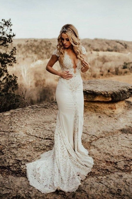 Backless Floral Lace Wedding Dresses with Mermaid Train