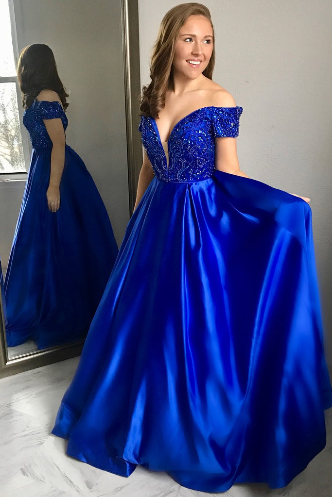 Plunging Neckline Beaded Royal Blue Evening Formal Dress Near Me