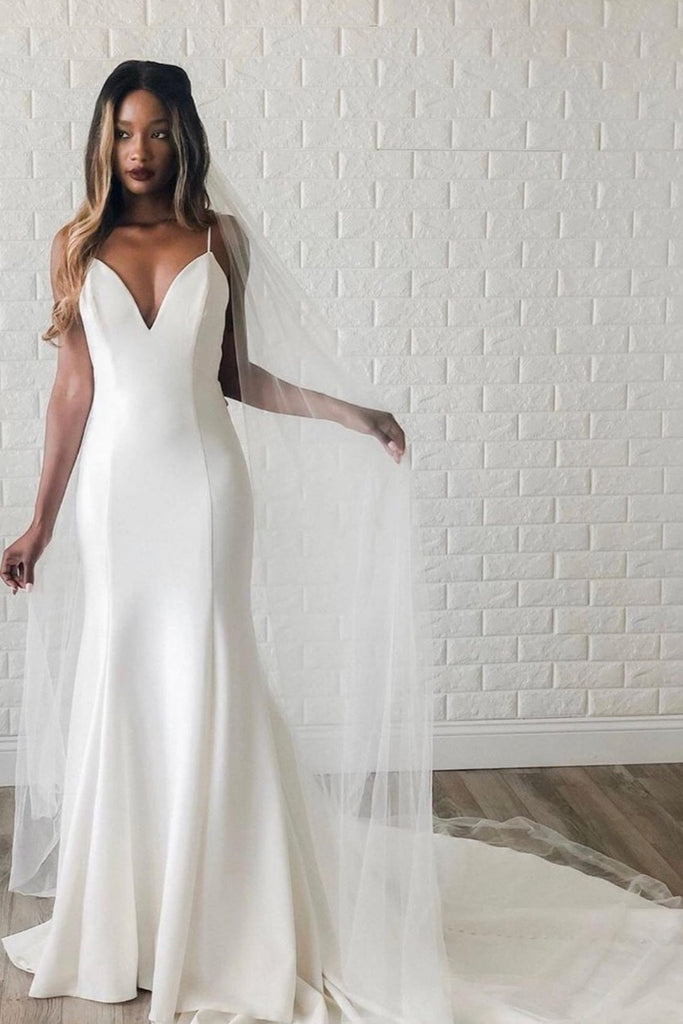 Plunging Neckline Simple Wedding Gown Dress Open Back