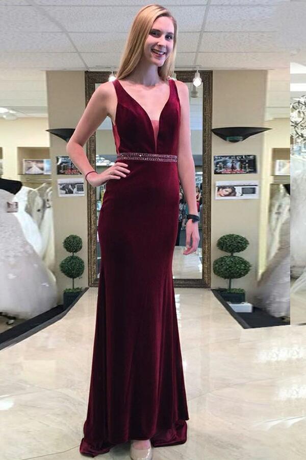 Plunging V-neck Burgundy Velvet Evening Dresses
