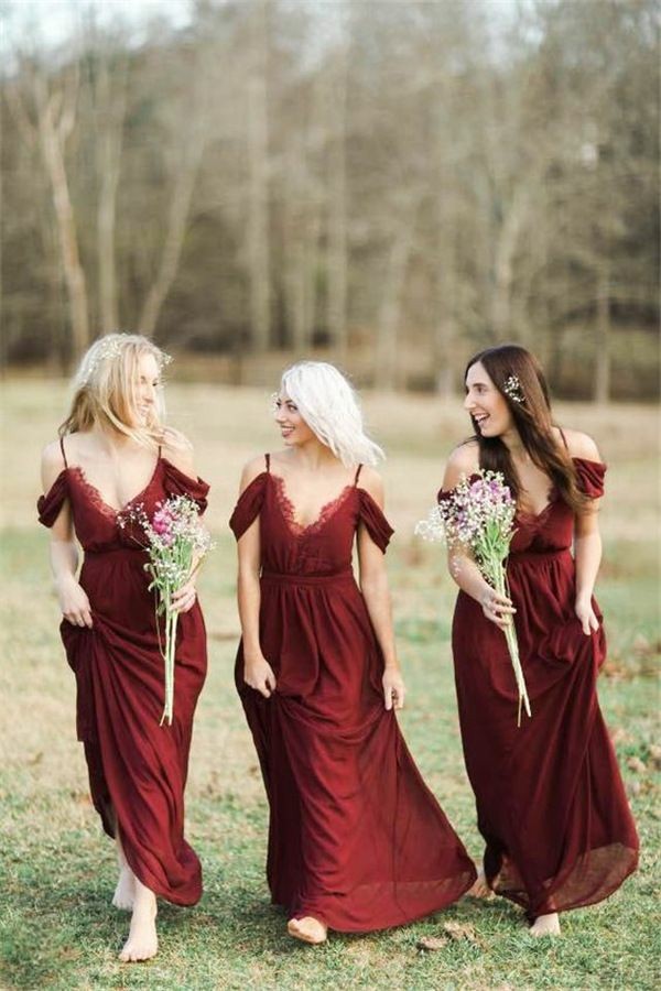 Plunging V-neck Chiffon Burgundy Bridesmaid Dress with Spaghetti Straps