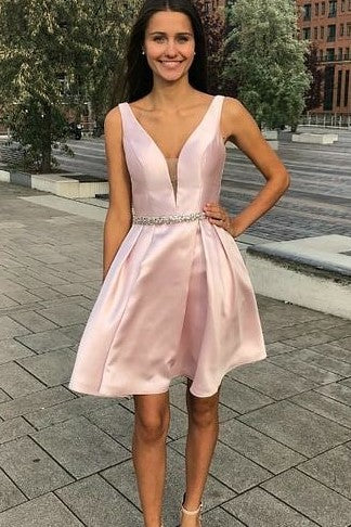 plunging-v-neckline-light-pink-homecoming-dress-short-patterns