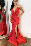 plunging-v-neckline-satin-red-prom-dresses-slit-side