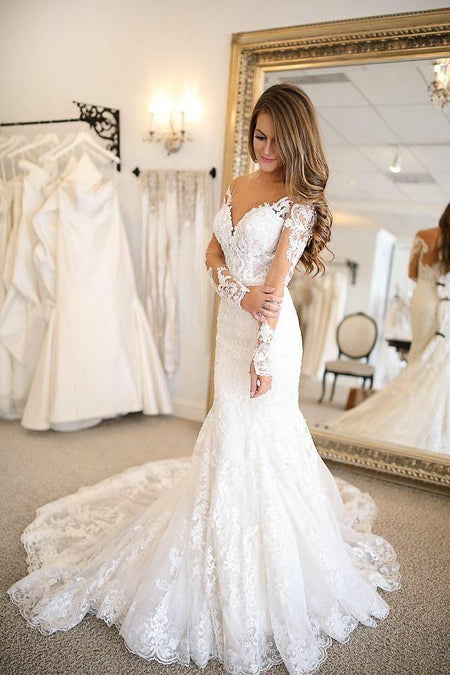 See-through Neckline Lace Ivory Wedding Dresses 3/4 Sleeves
