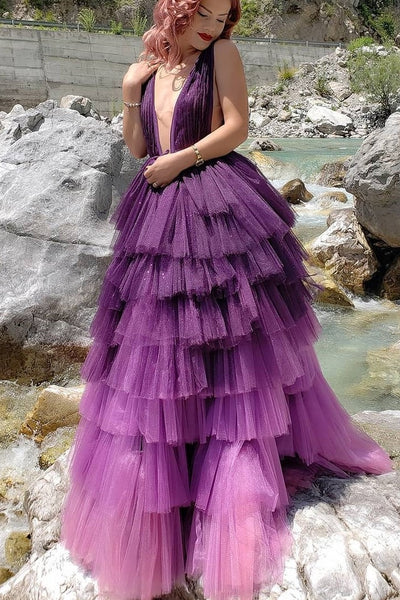 Purple Tiered Tulle Skirt Prom Dresses Deep V-neckline