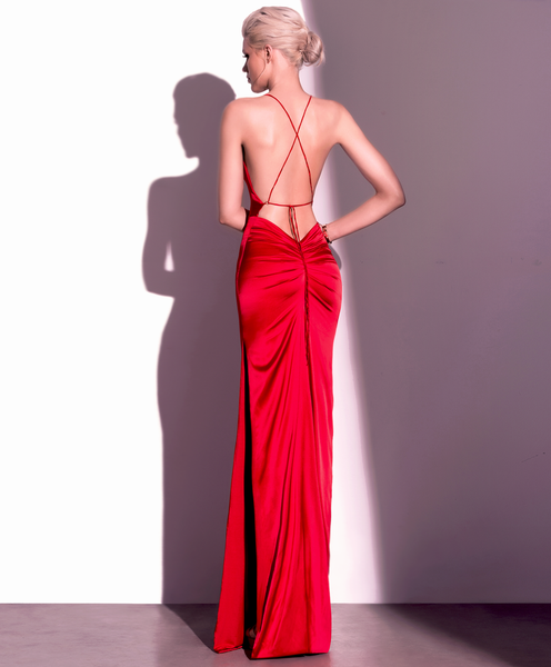 Cowl Neckline Burgundy Evening Dress with Straps Backless