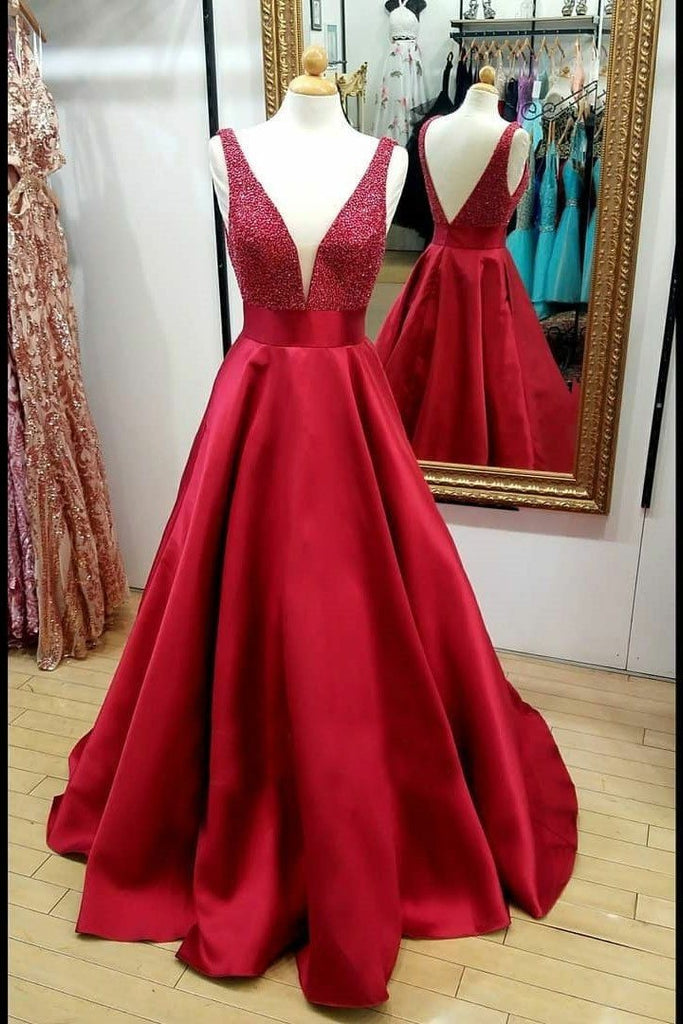 Red Satin Bead Evening Dresses with Plunging V-neckline