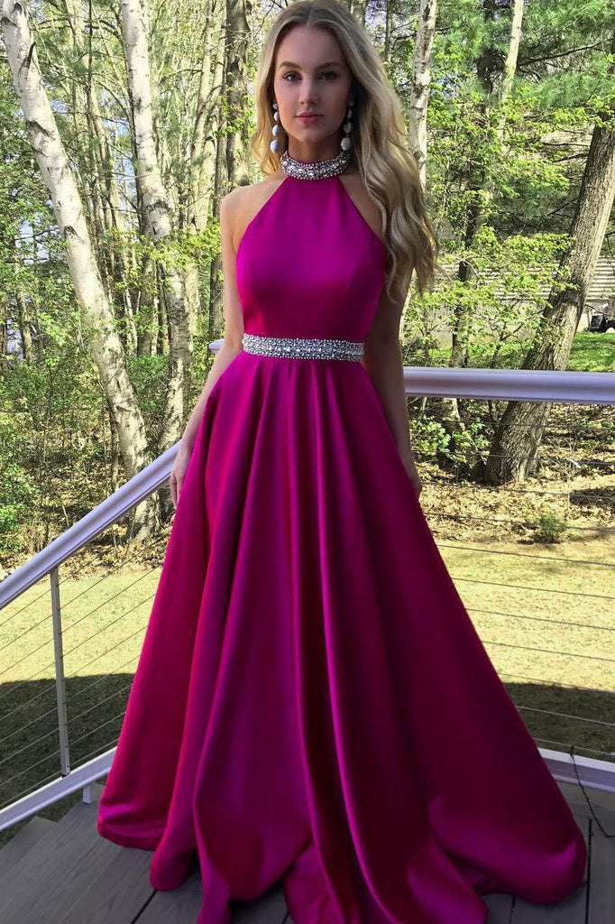 Rhinestones A-line Fuchisa Satin Long Prom Party Dresses