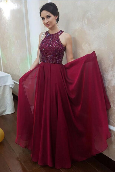 Rhinestones Bodice Chiffon Burgundy Prom Gowns with Halter Straps