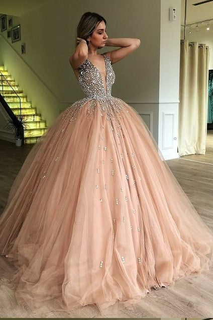 Rhinestones Champagne Ball Gown Prom Dress with Deep V-neckline