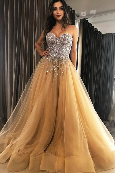 A-Line Champagne Gold Tulle Sequins Long Mother of The Bride Dresses