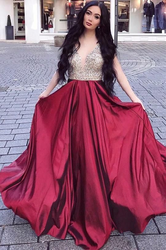 Rhinestones V-neckline Long Prom Gown Burgundy Skirt