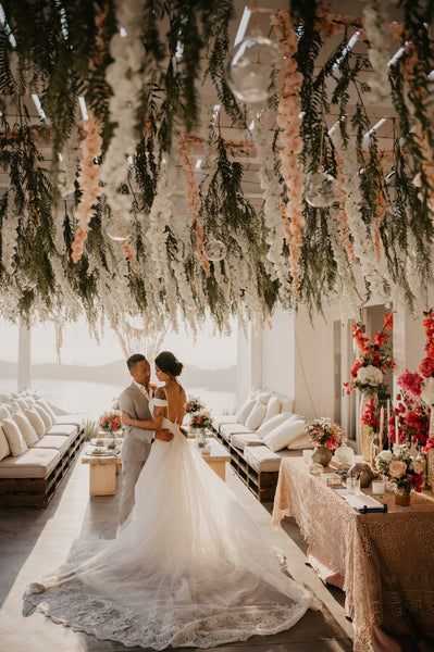 Romantic Lace Train Wedding Dress with Off-the-shoulder Straps