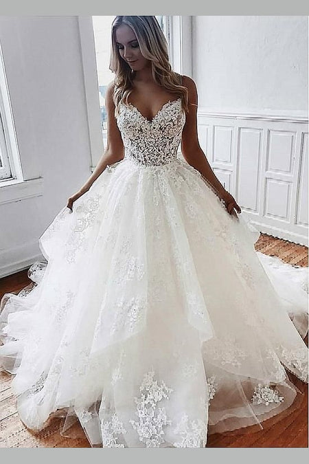 See-through Long Sleeves Ball Gown Wedding Dress Lace Tulle Cathedral Train