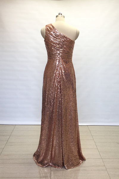 ruched-rose-gold-sequin-bridesmaid-gown-single-shoulder-1