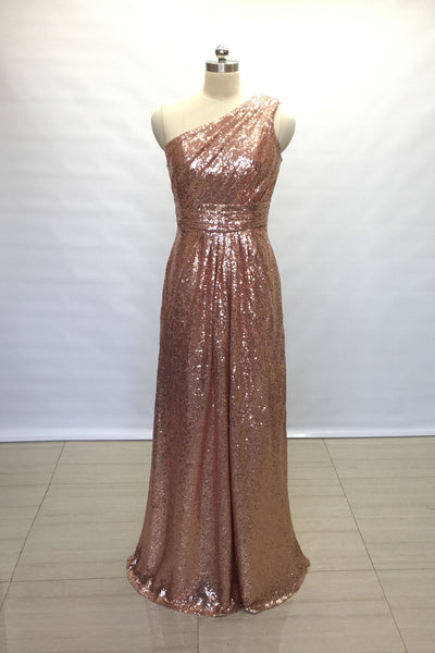 ruched-rose-gold-sequin-bridesmaid-gown-single-shoulder