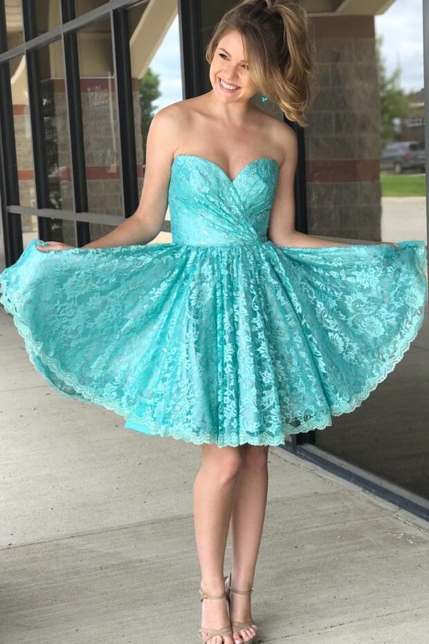 Ruched Sweetheart Lace Tiffany Blue Homecoming Dresses Short