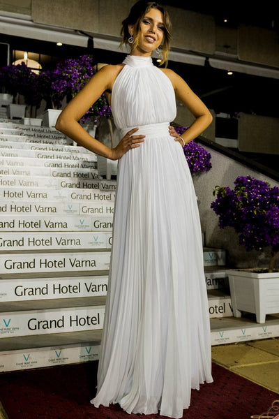 ruching-high-neck-beach-wedding-dress-with-chiffon-skirt