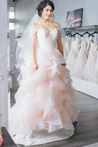 ruching-off-the-shoulder-light-pink-wedding-gown-ruffles-skirt