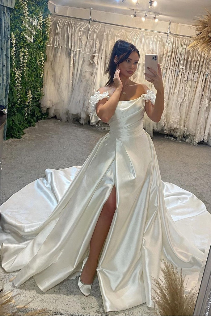 Ruching Satin Bridal Dresses with Flowers Off-the-shoulder