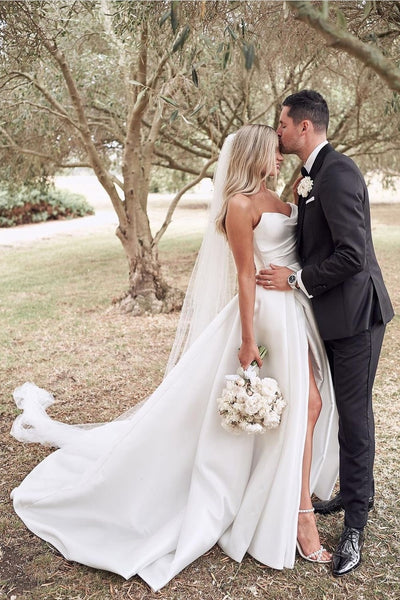 ruching-strapless-satin-bridal-dress-with-leg-slit-2