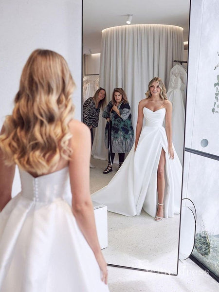 Ruching Strapless Satin Bridal Dress with Leg Slit