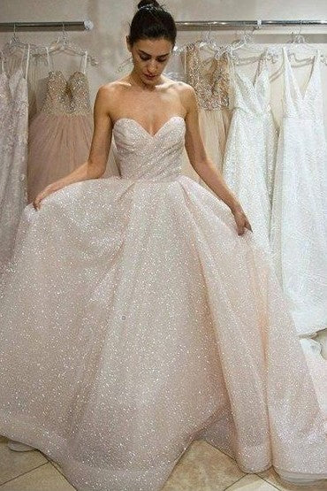 Ruching Sweetheart Sequin Wedding Dress with Long Train