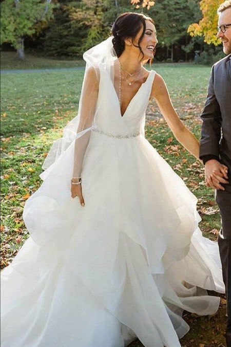 White Satin Ball Gown Wedding Dress Long Sleeve Wide Neckline