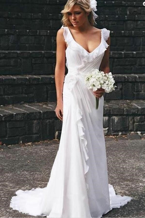 Ruffled Neckline White Chiffon Wedding Gown for Seaside