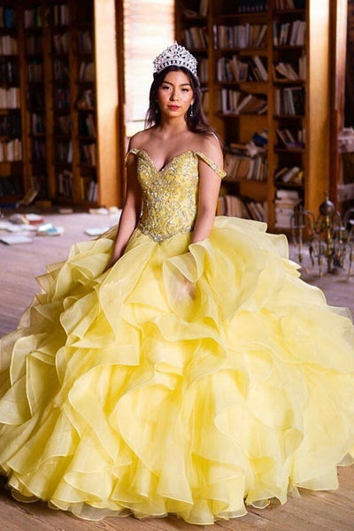 Ruffled Organza Yellow Quinceanera Dress Ball Gown Rhinestones Off-the –  loveangeldress