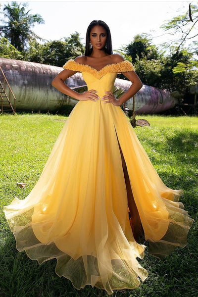ruffles-off-the-shoulder-yellow-prom-dress-with-split-side