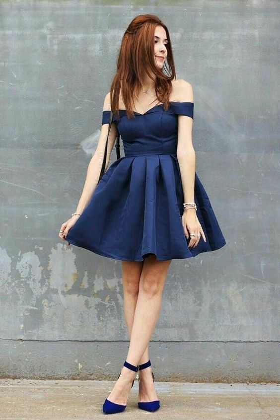 Satin Navy Blue Homecoming Dresses Short Off-the-shoulder