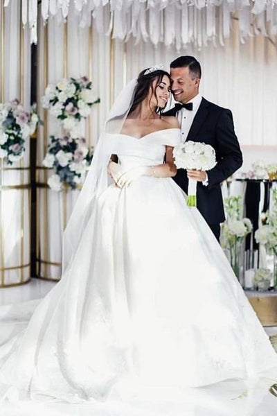 Satin Plain Wedding Dress with Fold Off the shoulder loveangeldress