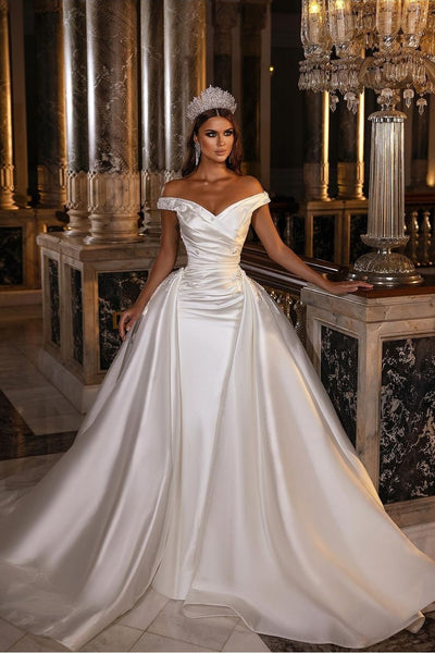 Satin Royal Bridal Gown with Beaded Off-the-shoulder