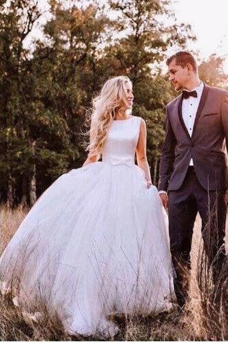 Satin Tulle Sleeveless Rustic Wedding Dresses with Bow Sash