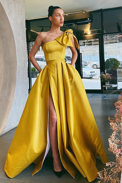 Satin Yellow Prom Dress with Bow Single Shoulder – loveangeldress