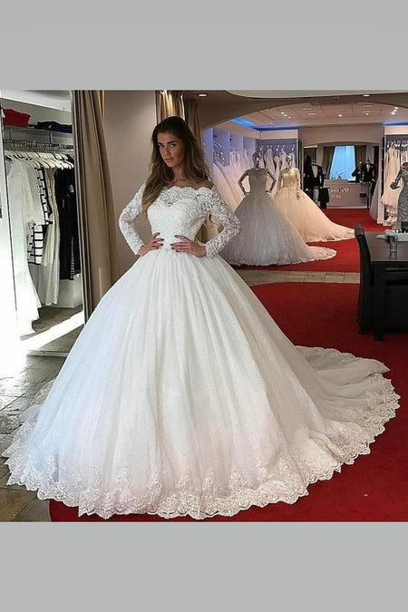 Lace Corset Long Sleeves Wedding Dress Tulle Cathedral Train