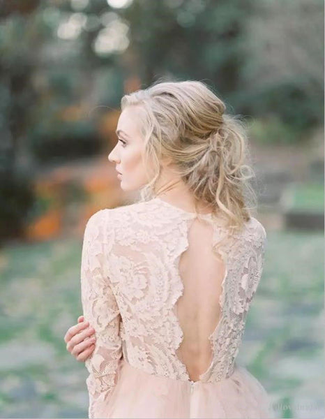 Scalloped Lace V-neck Blush Wedding Dress Long Sleeves vestido de