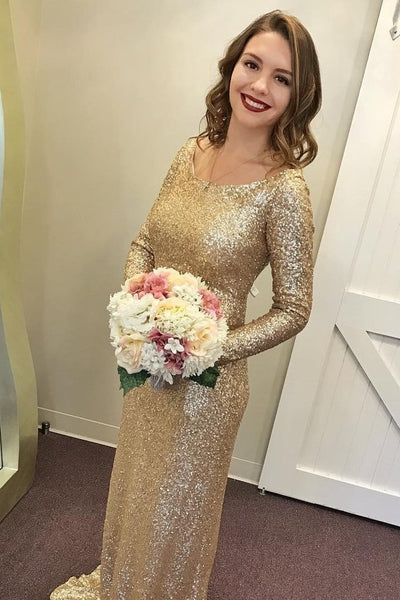 Scoop Neck Gold Sequin Bridesmaid Dresses Long Sleeves loveangeldress